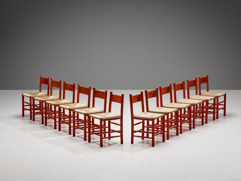 Set of Twelve French Dining Chairs with Red Wooden Frame and Straw Seats