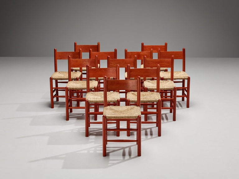 Set of Twelve French Dining Chairs with Red Wooden Frame and Straw Seats