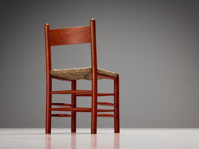 Pair of French Dining Chairs with Red Wooden Frame and Straw Seats