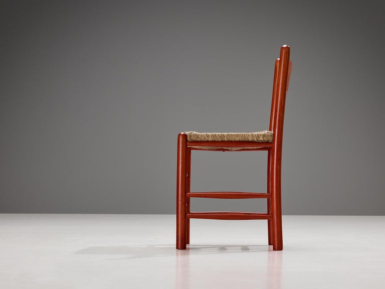 Pair of French Dining Chairs with Red Wooden Frame and Straw Seats