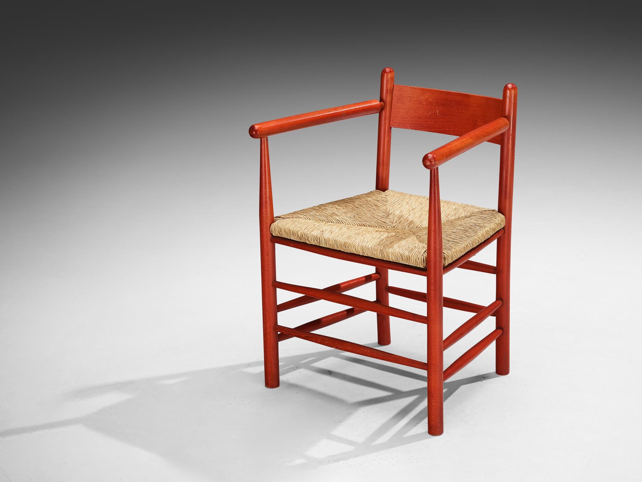 French Armchair with Red Wooden Frame and Straw Seat