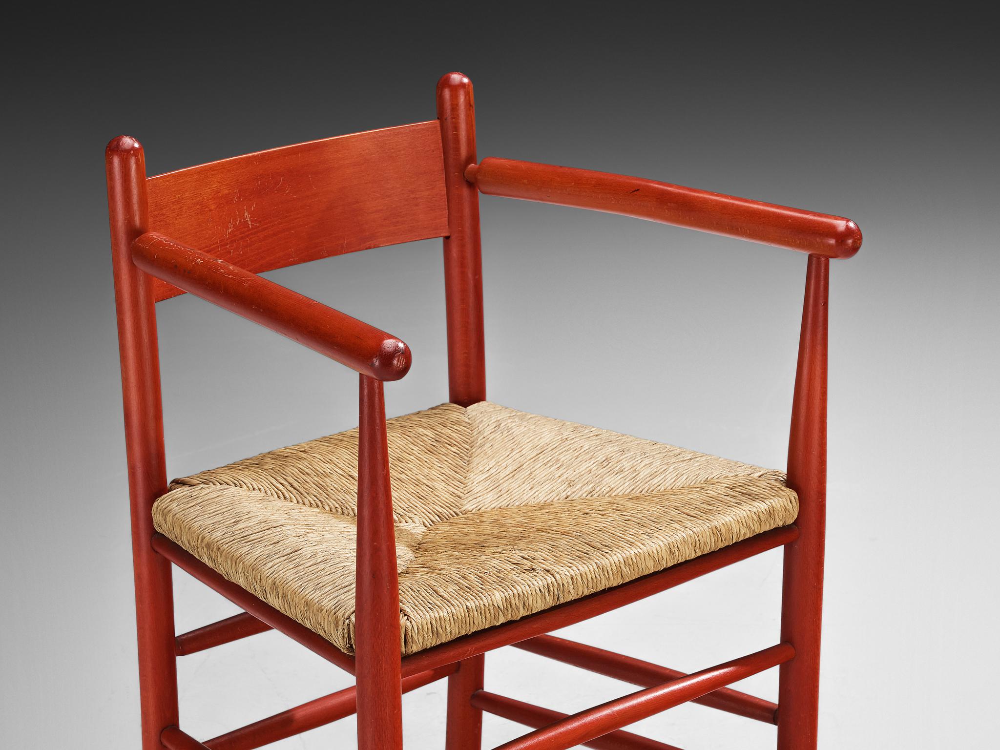 French Armchair with Red Wooden Frame and Straw Seat