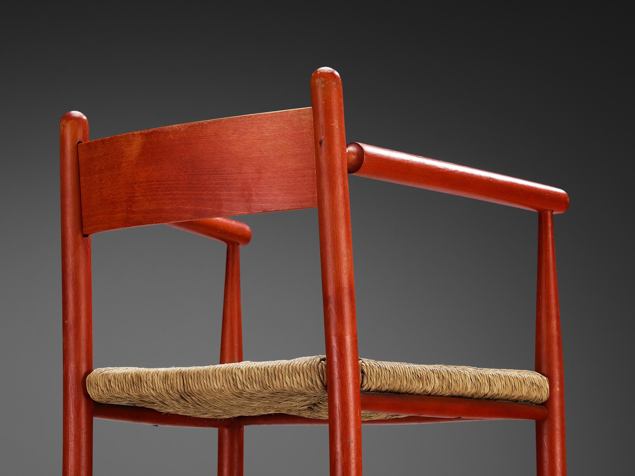 French Armchair with Red Wooden Frame and Straw Seat