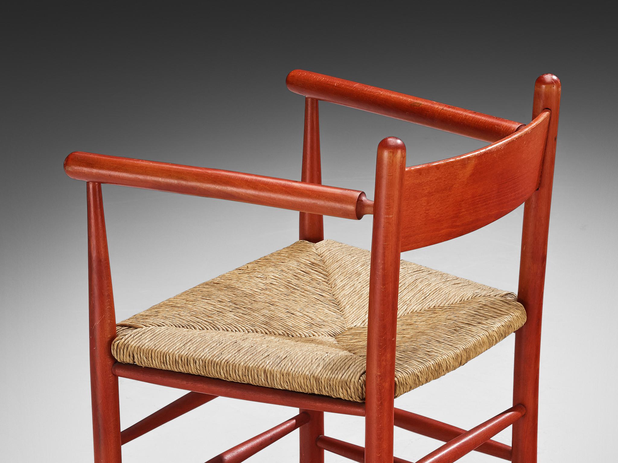 French Armchair with Red Wooden Frame and Straw Seat