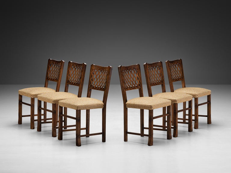 Ernesto Valabrega Set of Six Dining Chairs in Chestnut and Patterned Fabric