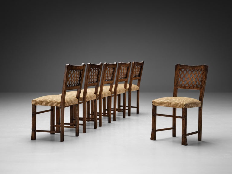 Ernesto Valabrega Set of Six Dining Chairs in Chestnut and Patterned Fabric