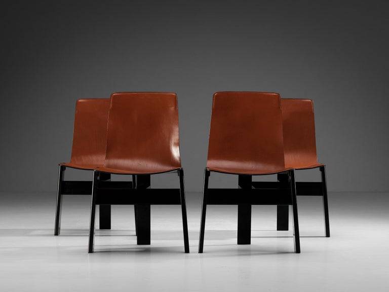 Angelo Mangiarotti for Skipper Set of Four 'Tre 3' Dining Chairs in Leather