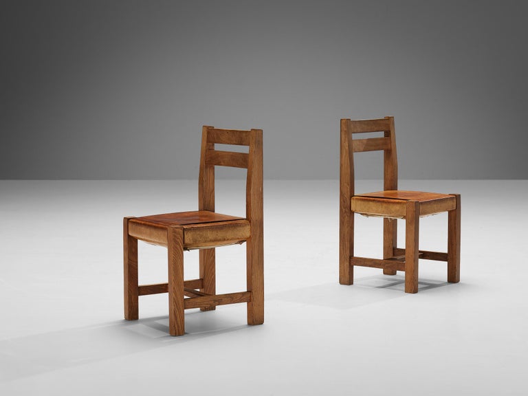 Atelier C. Demoyen Set of Four Dining Chairs in Solid Elm and Cognac Leather