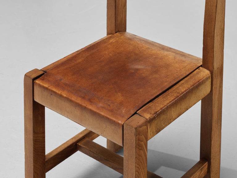 Atelier C. Demoyen Set of Four Dining Chairs in Solid Elm and Cognac Leather