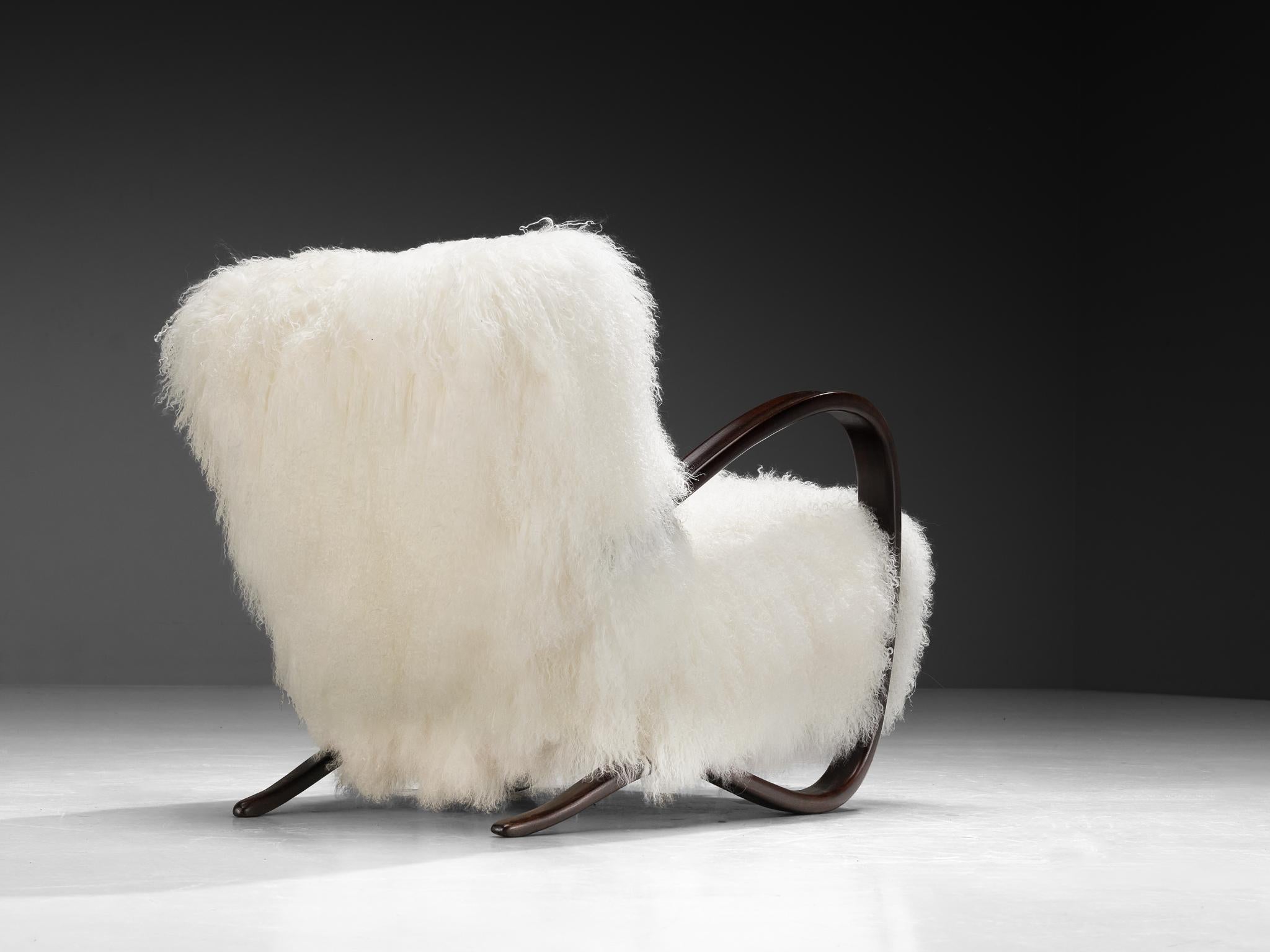 Jindrich Halabala Lounge Chair in White Tibetan Lambswool