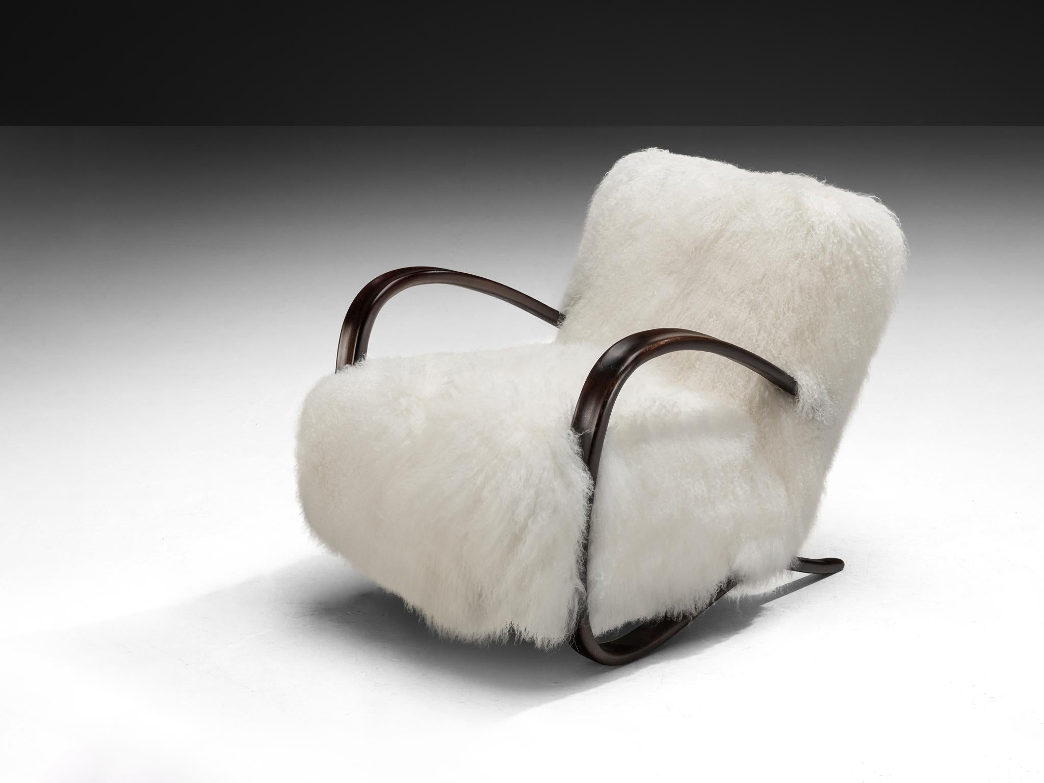 Jindrich Halabala Lounge Chair in White Tibetan Lambswool