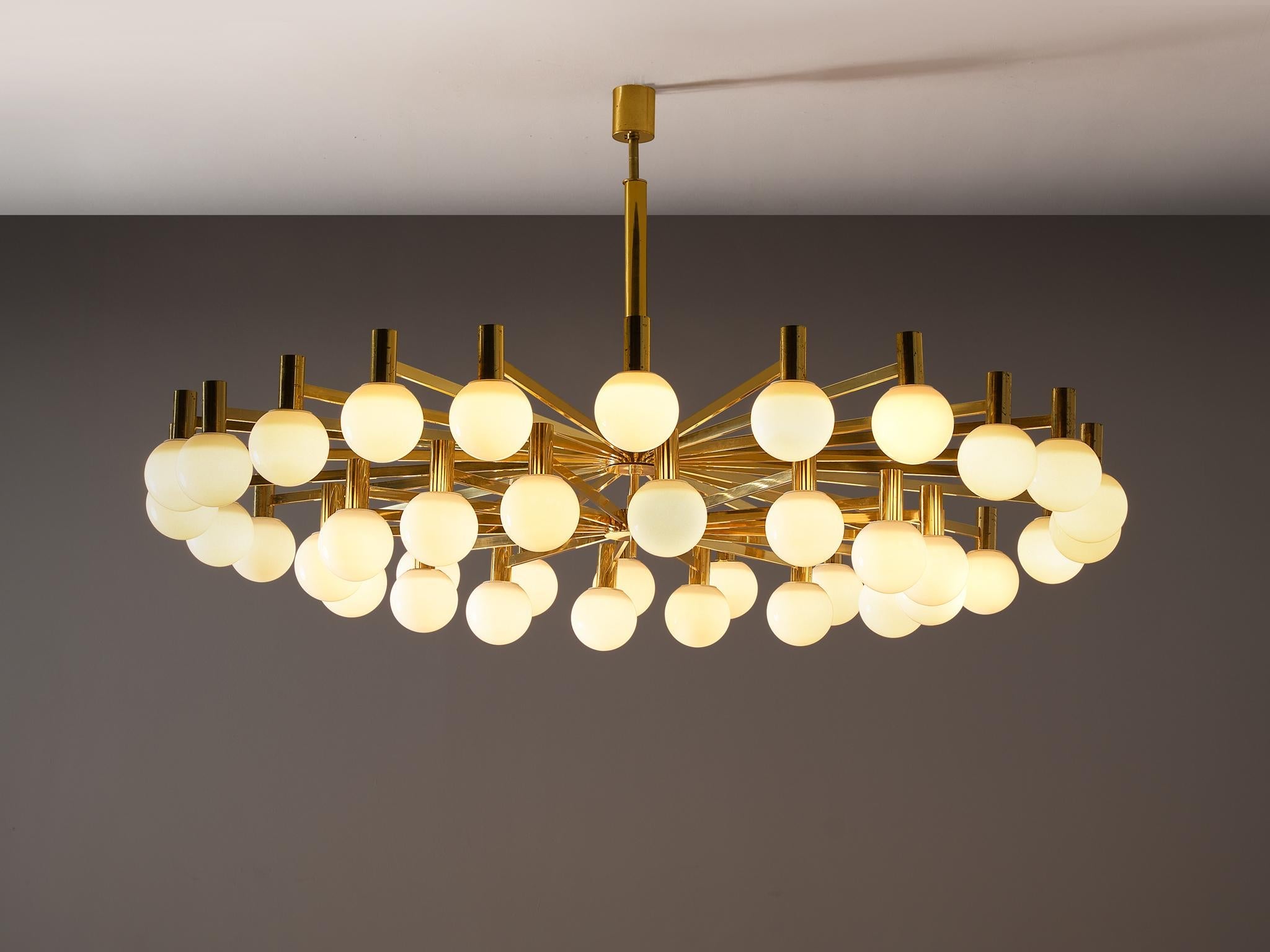 Grand Chandelier in Brass and Milk Glass Spheres 214 cm/84.25 in. Wide