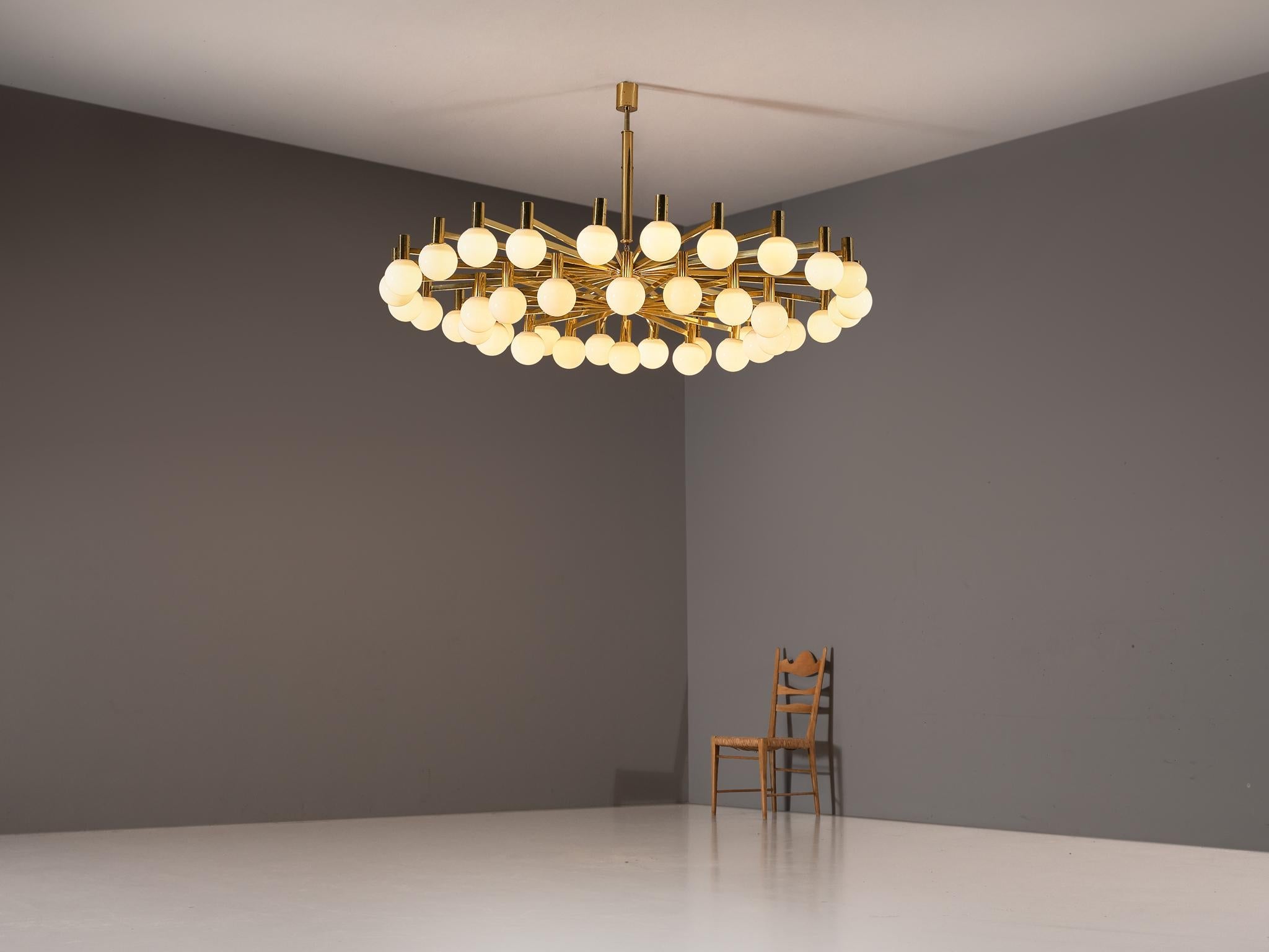 Grand Chandelier in Brass and Milk Glass Spheres 214 cm/84.25 in. Wide