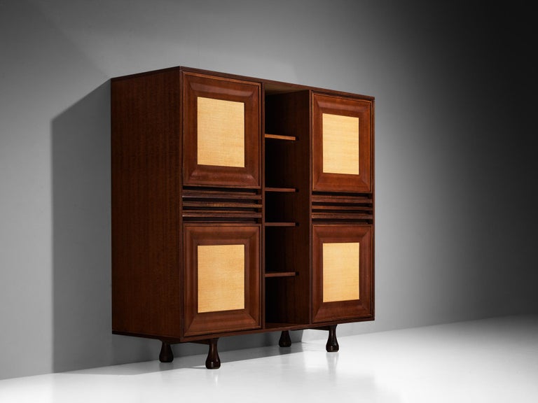 Angelo Mangiarotti for Sorgente dei Mobili Cabinet in Mahogany & Grasscloth