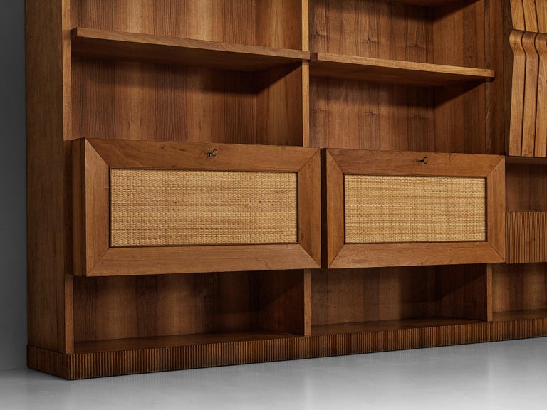 Large Italian Bookcase in Walnut, Cherry, and Grasscloth