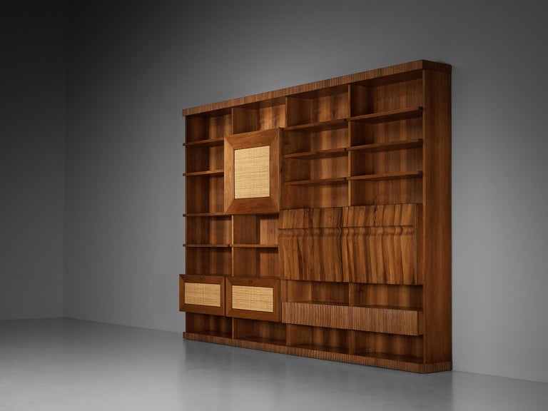 Large Italian Bookcase in Walnut, Cherry, and Grasscloth