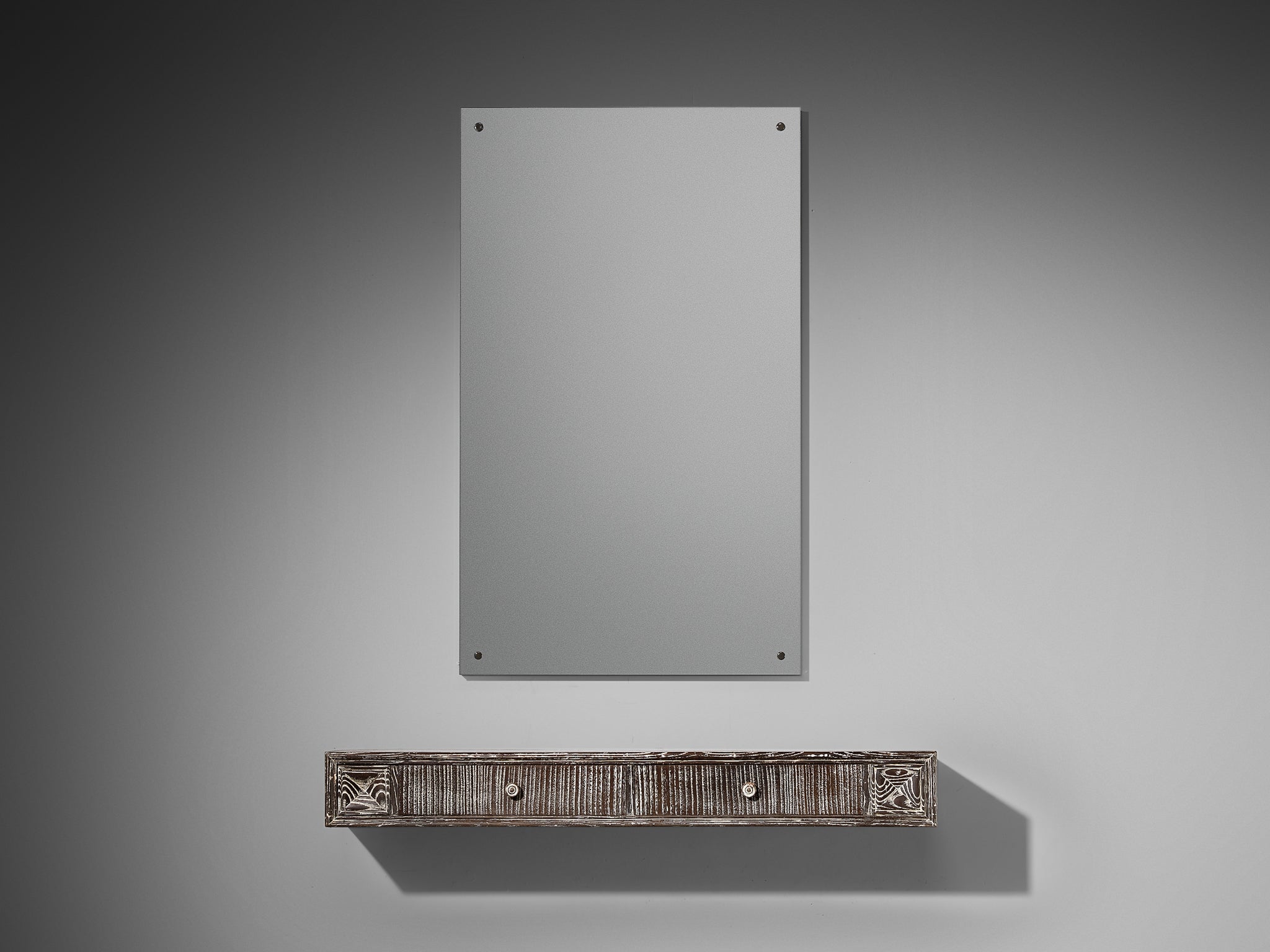 Unique Italian Wall-Mounted Console with Mirror in Cerused Chestnut