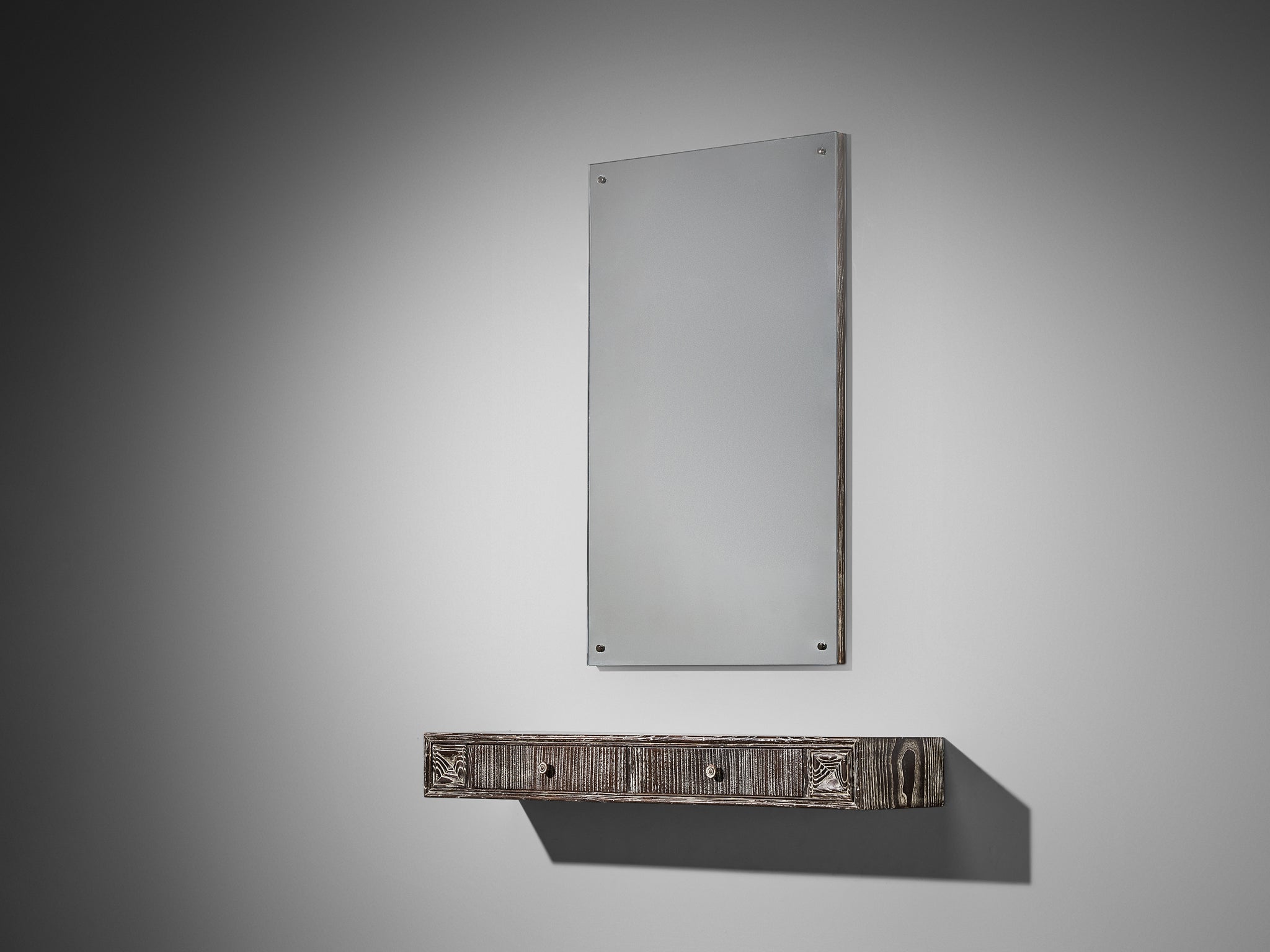 Unique Italian Wall-Mounted Console with Mirror in Cerused Chestnut