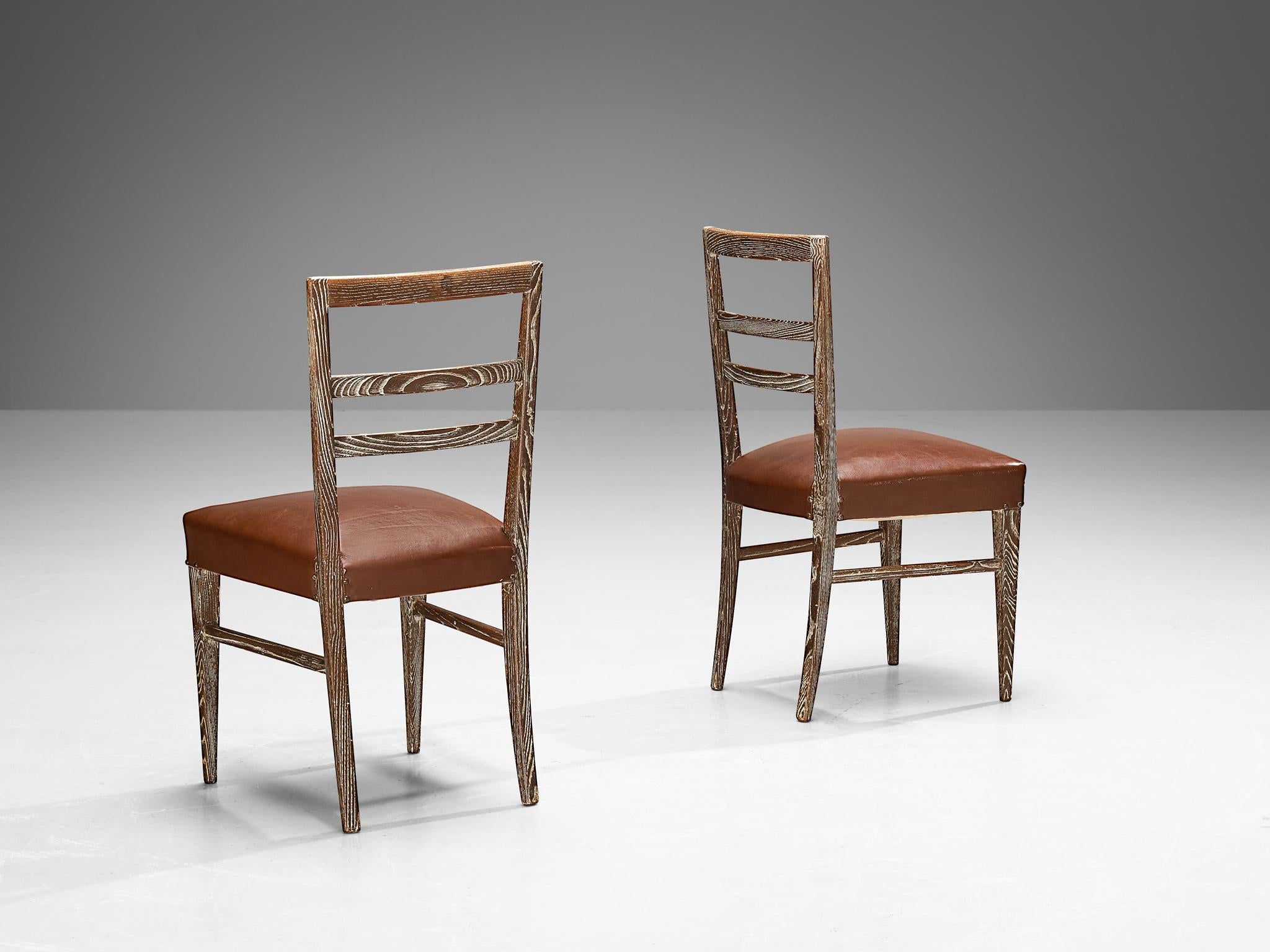 Unique Italian Pair of Dining Chairs in Cerused Chestnut