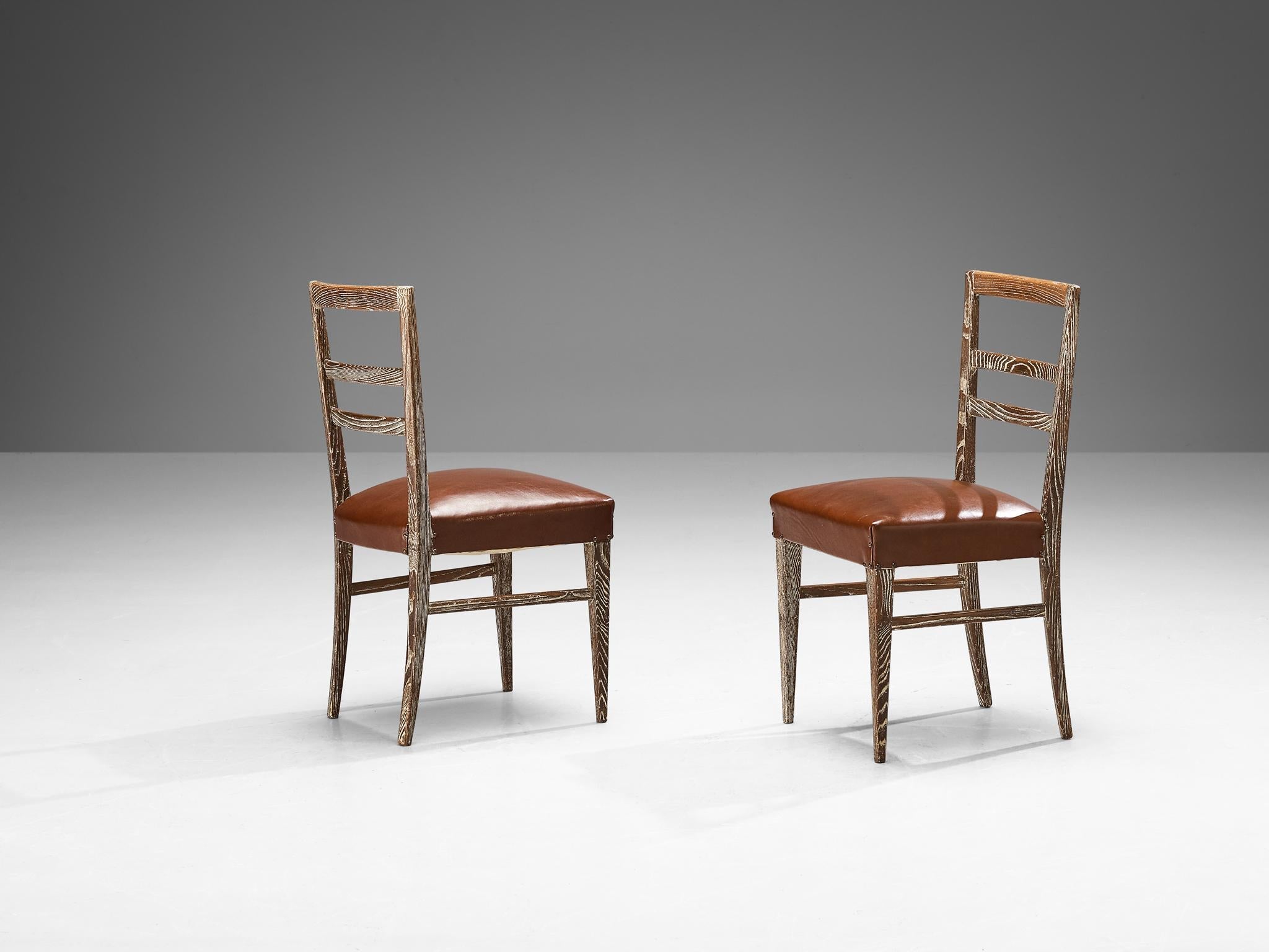 Unique Italian Pair of Dining Chairs in Cerused Chestnut