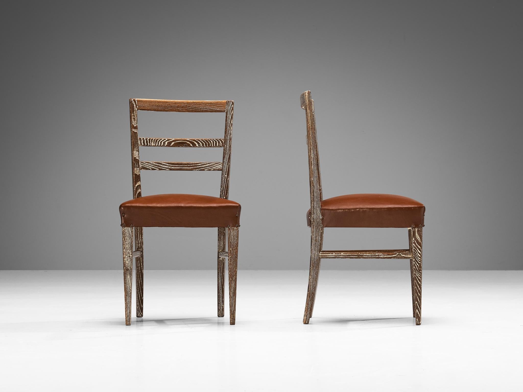 Unique Italian Pair of Dining Chairs in Cerused Chestnut