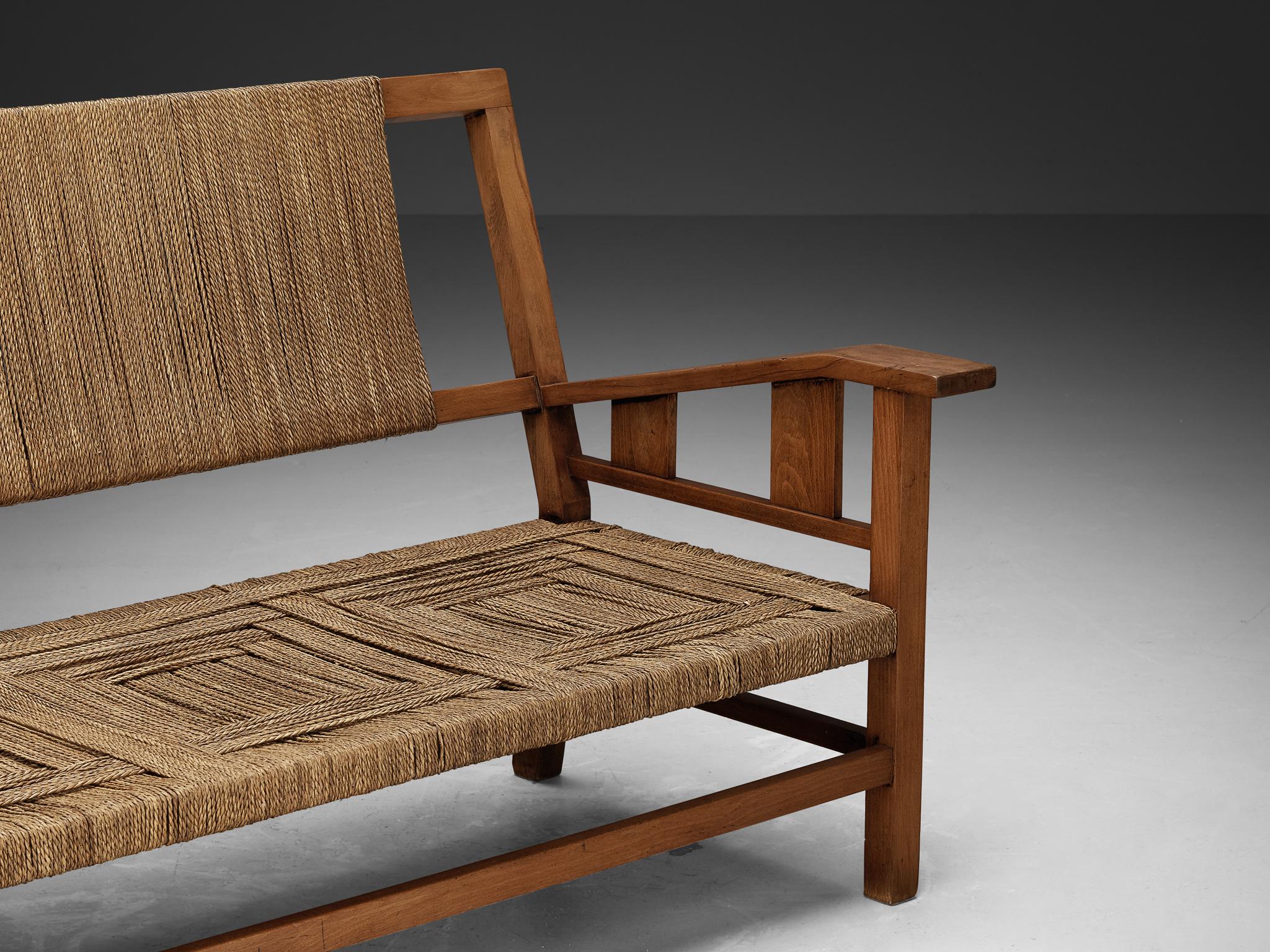 Francis Jourdain Sofa or Bench in Woven Straw and Wood