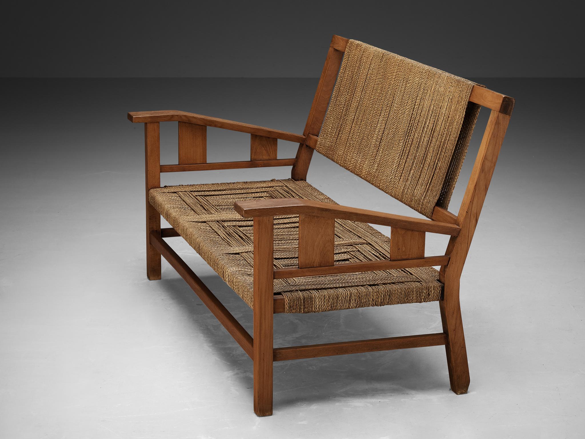 Francis Jourdain Sofa or Bench in Woven Straw and Wood