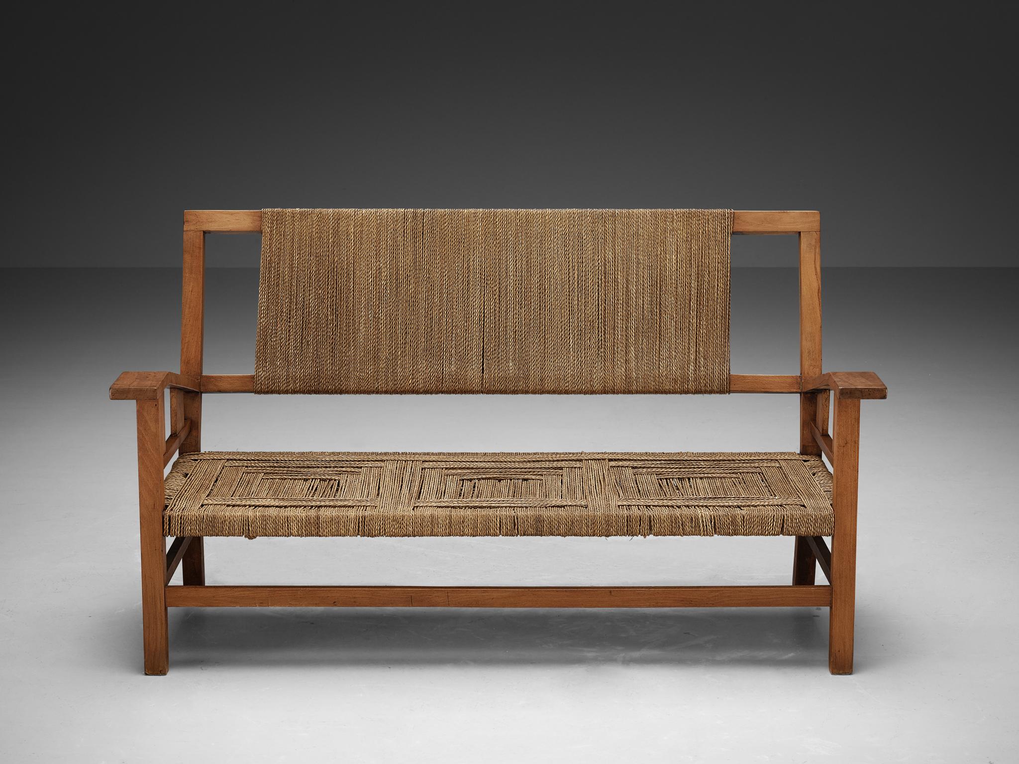 Francis Jourdain Sofa or Bench in Woven Straw and Wood