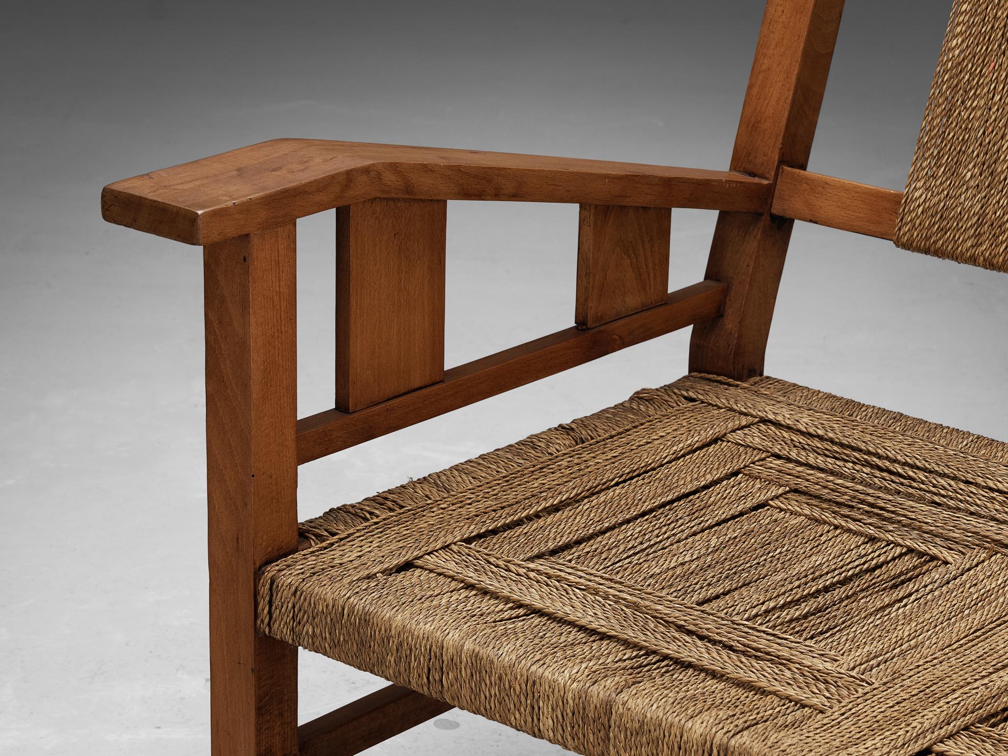 Francis Jourdain Sofa or Bench in Woven Straw and Wood