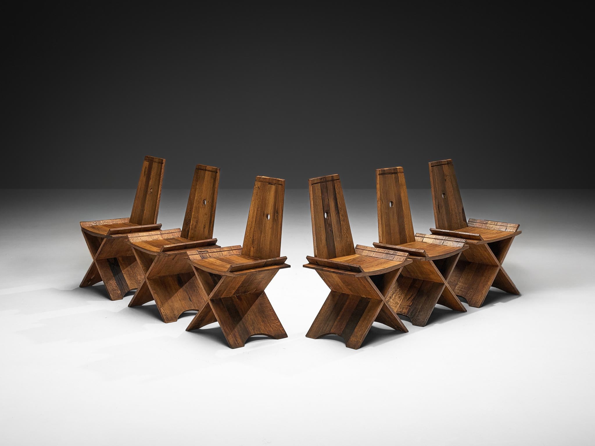 Sculptural Set of Six Dining Chairs in Oak with Iron Accents