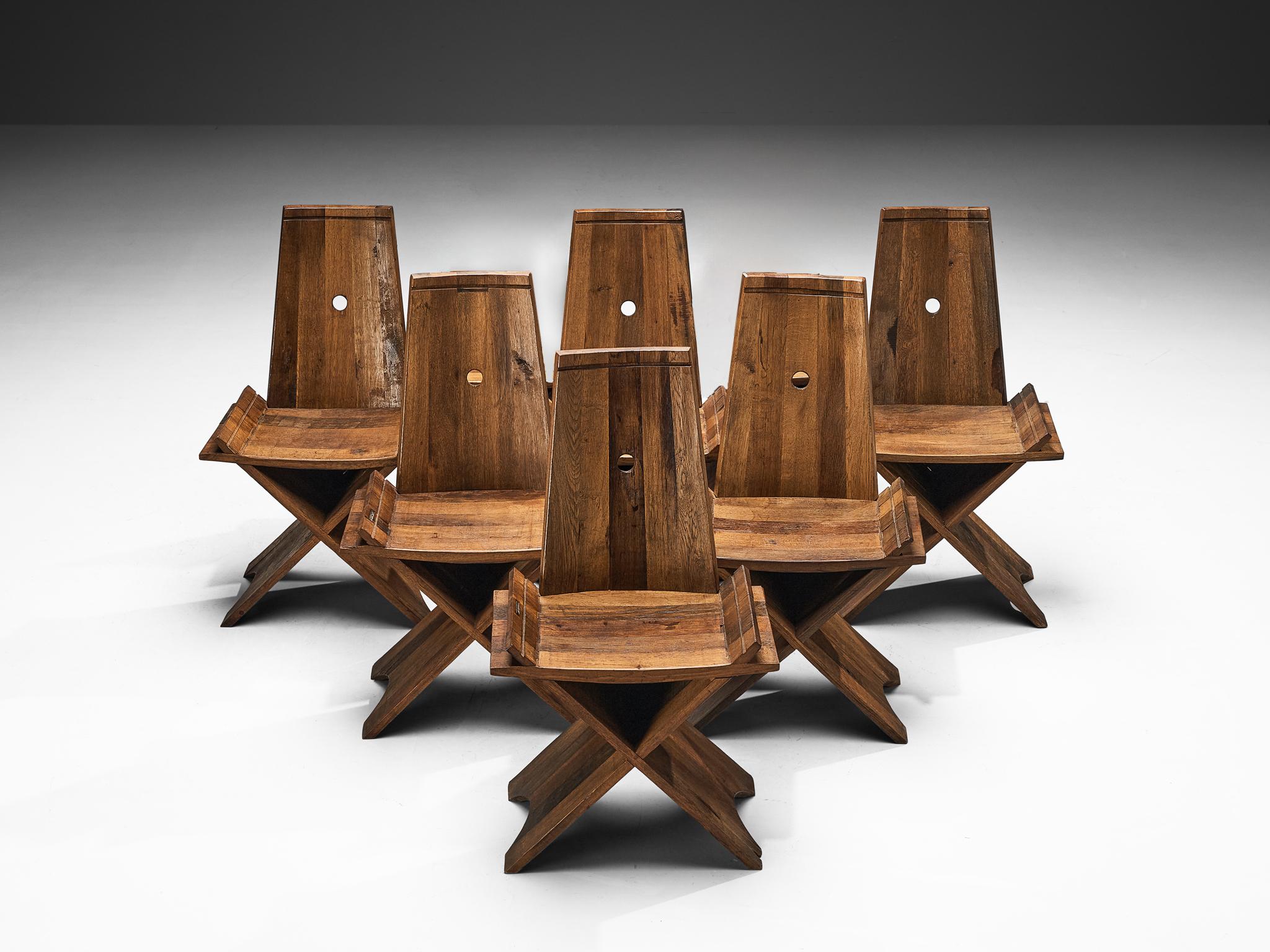 Sculptural Set of Six Dining Chairs in Oak with Iron Accents