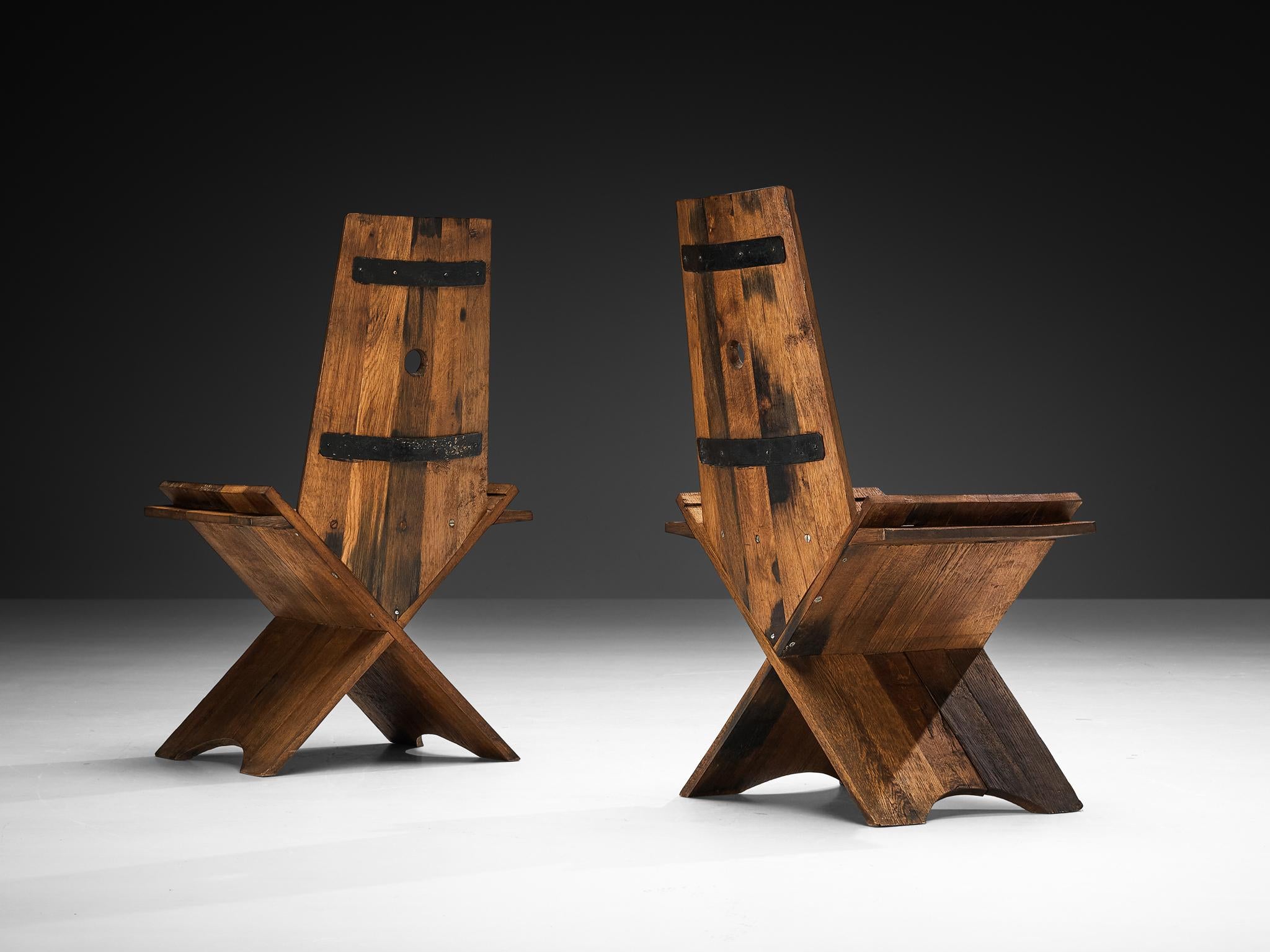 Sculptural Set of Six Dining Chairs in Oak with Iron Accents