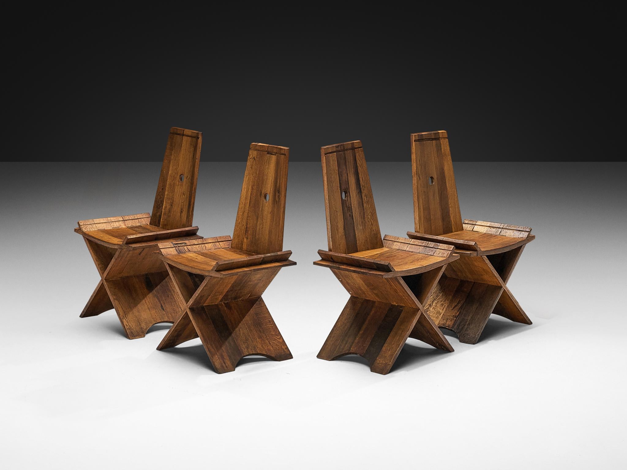 Sculptural Set of Four Dining Chairs in Oak with Iron Accents