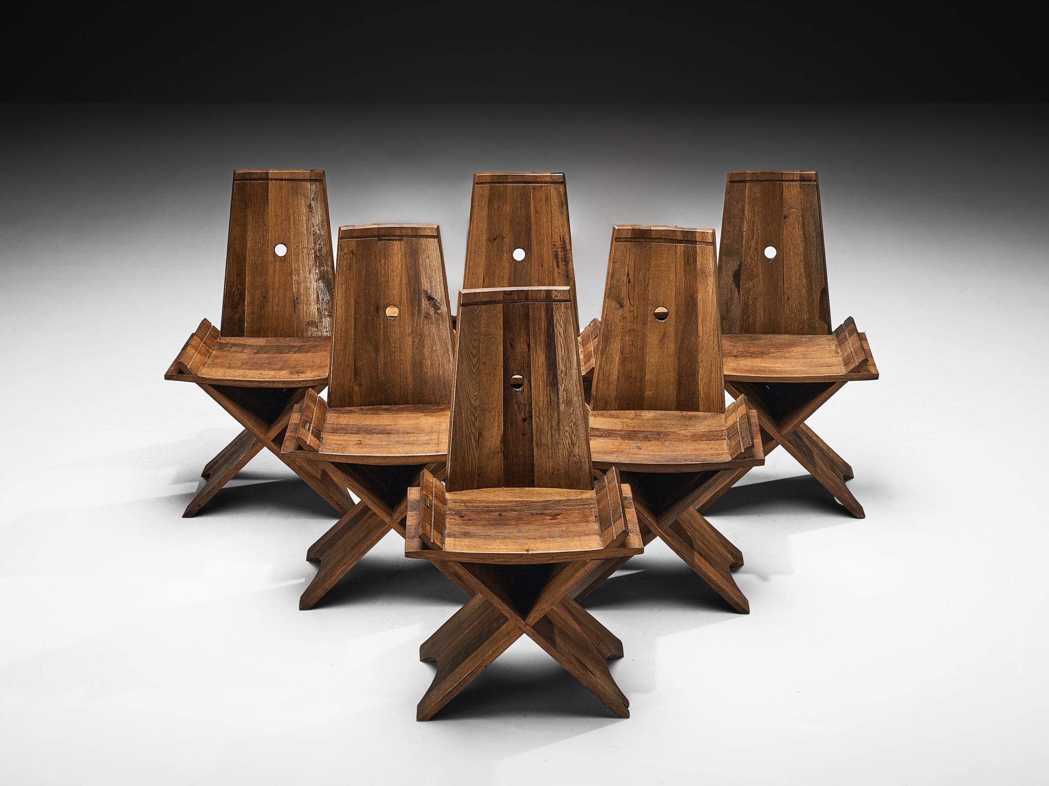 Sculptural Set of Six Dining Chairs in Oak with Iron Accents