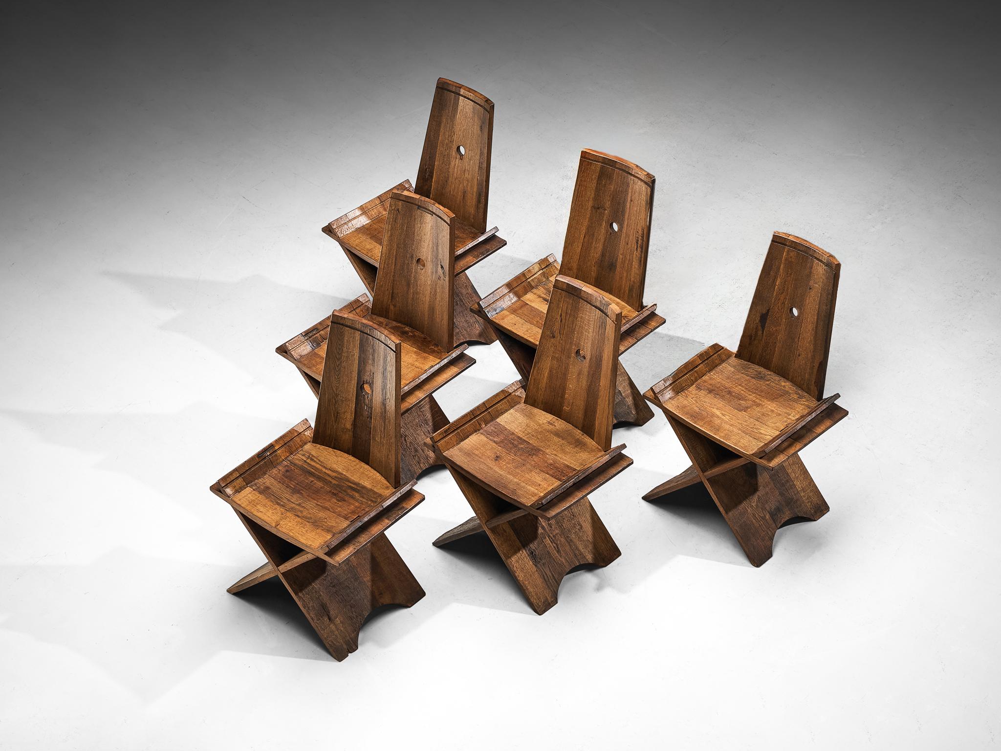 Sculptural Set of Six Dining Chairs in Oak with Iron Accents