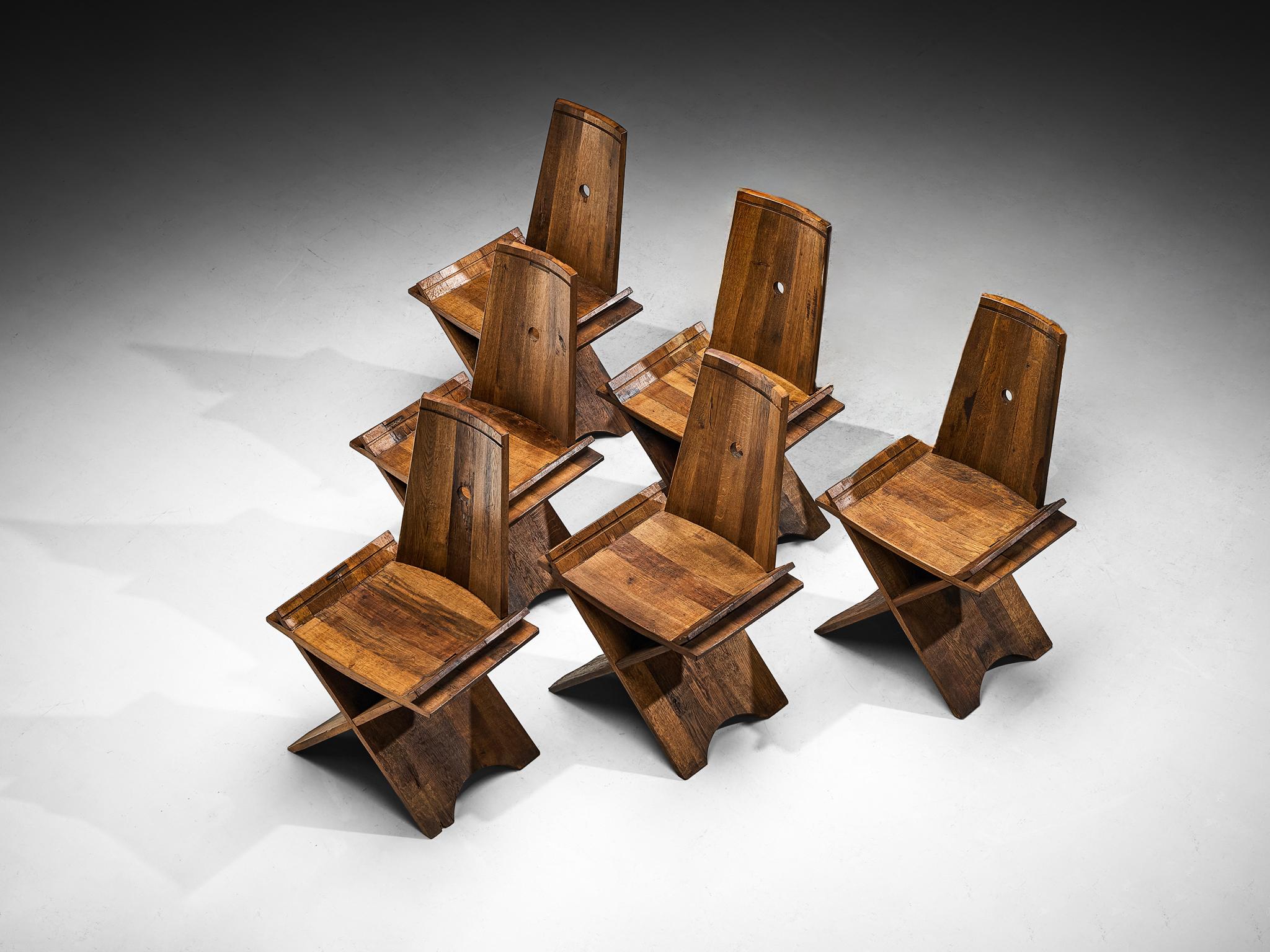 Sculptural Set of Six Dining Chairs in Oak with Iron Accents