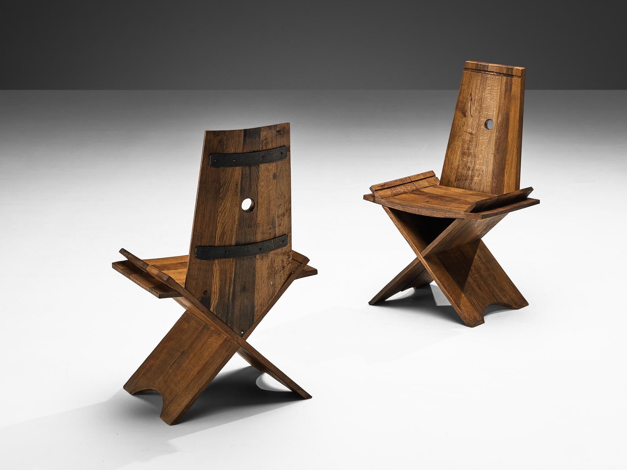 Sculptural Set of Six Dining Chairs in Oak with Iron Accents