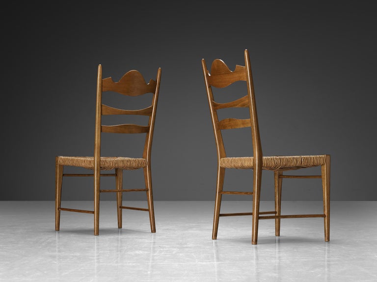 Set of Twelve Italian Dining Chairs with Carved Backs and Straw Seats