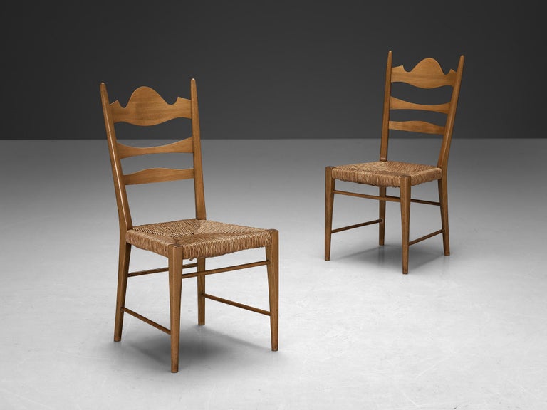 Set of Twelve Italian Dining Chairs with Carved Backs and Straw Seats