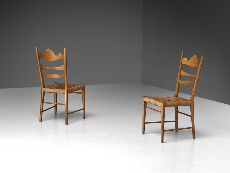 Pair of Italian Dining Chairs with Carved Backs and Straw Seats