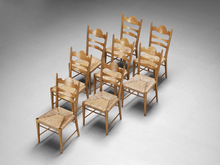 Set of Eight Italian Dining Chairs with Carved Backs and Straw Seats