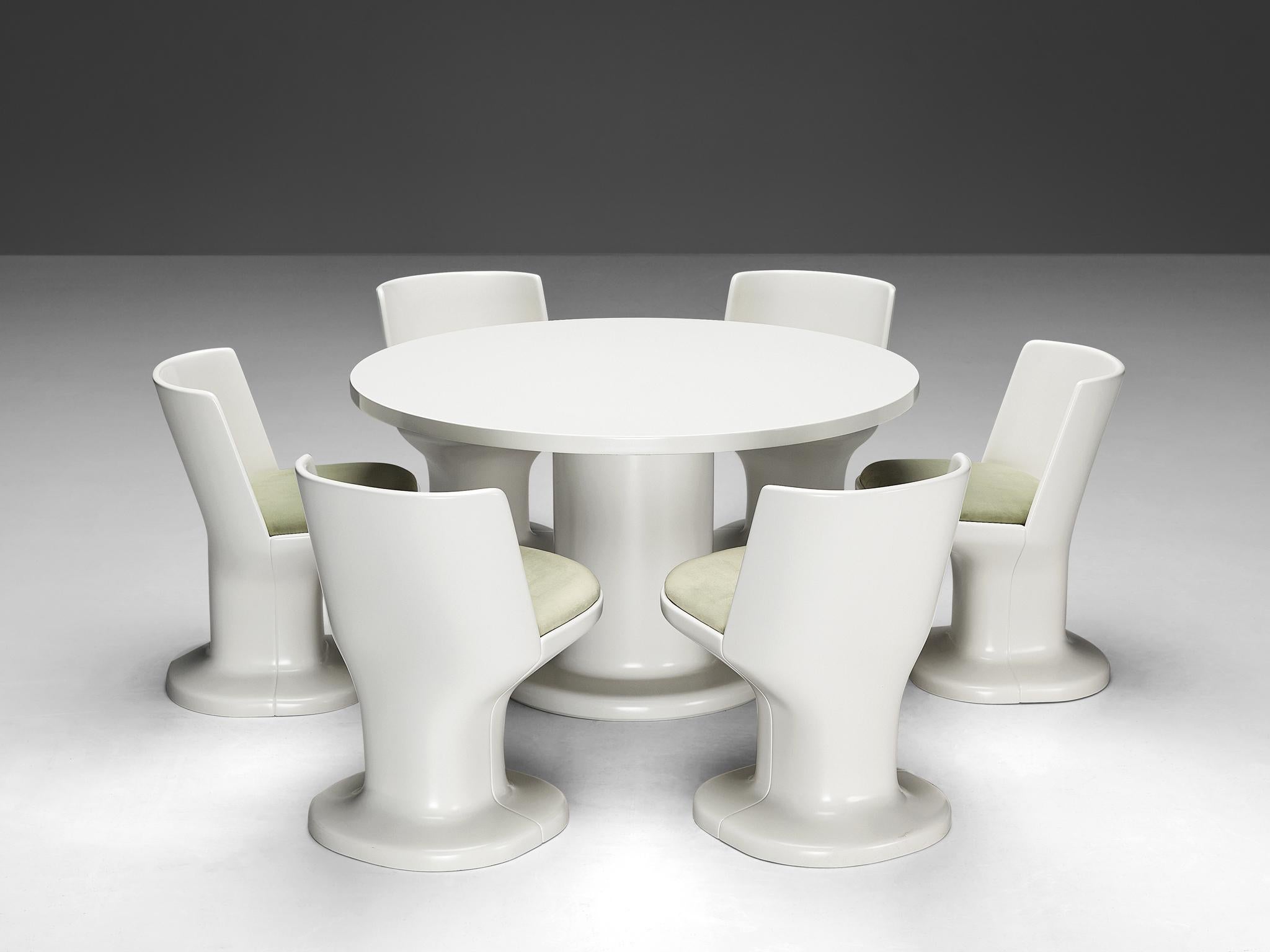 Italian Dining Set in White Coated Wood and Pastel Green Upholstery