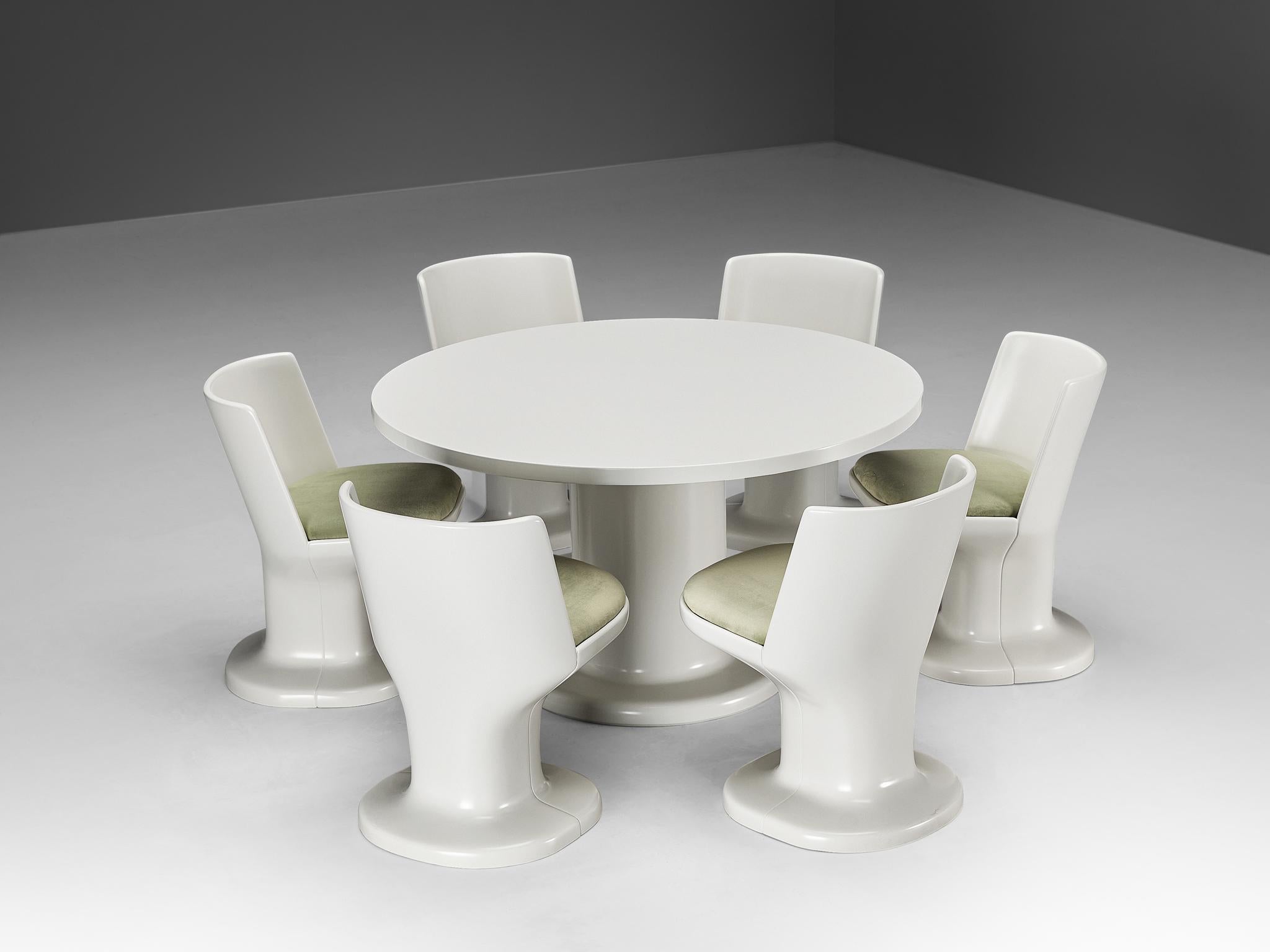 Italian Dining Set in White Coated Wood and Pastel Green Upholstery