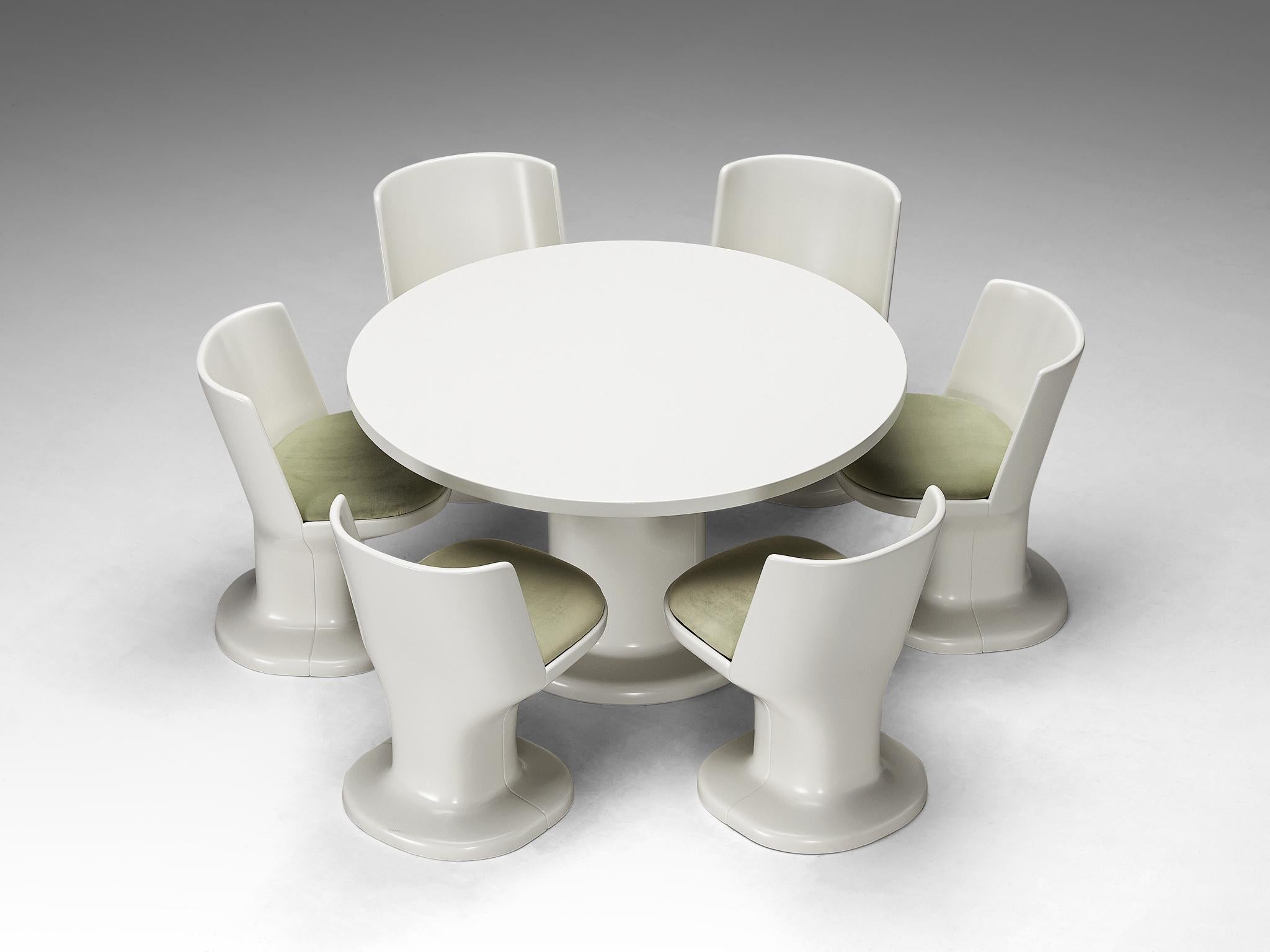 Italian Dining Set in White Coated Wood and Pastel Green Upholstery