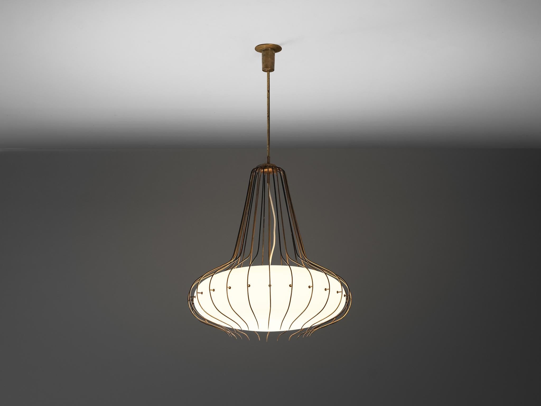 Angelo Lelii for Arredoluce 'Medusa' Chandelier Brass and White Opal Glass