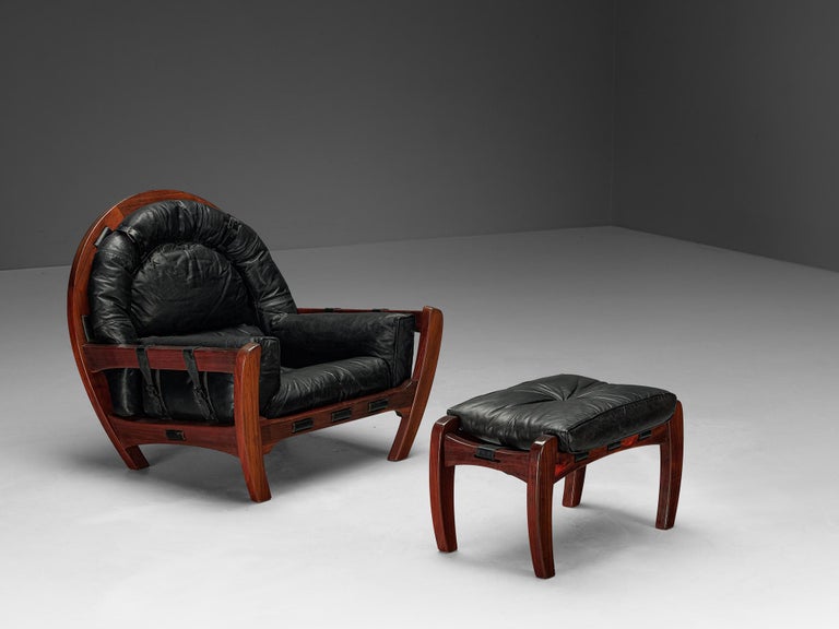 Luciano Frigerio 'Rancero' Lounge Chair with Ottoman in Black Leather