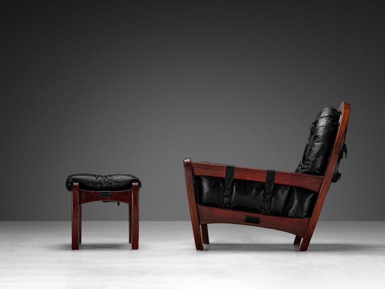 Luciano Frigerio 'Rancero' Lounge Chair with Ottoman in Black Leather