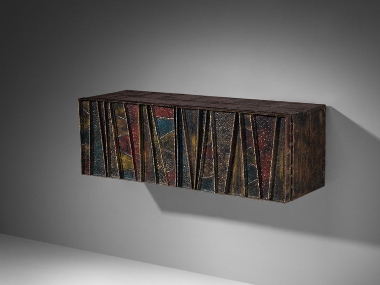 Paul Evans ‘Deep Relief’ Wall-Mounted Sideboard in Welded Steel and Slate