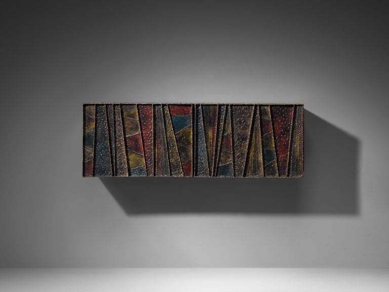 Paul Evans ‘Deep Relief’ Wall-Mounted Sideboard in Welded Steel and Slate