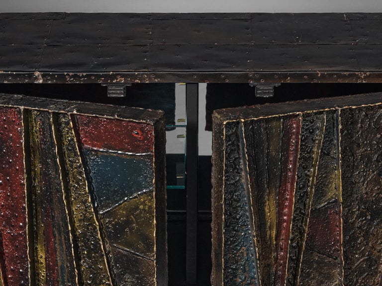 Paul Evans ‘Deep Relief’ Wall-Mounted Sideboard in Welded Steel and Slate